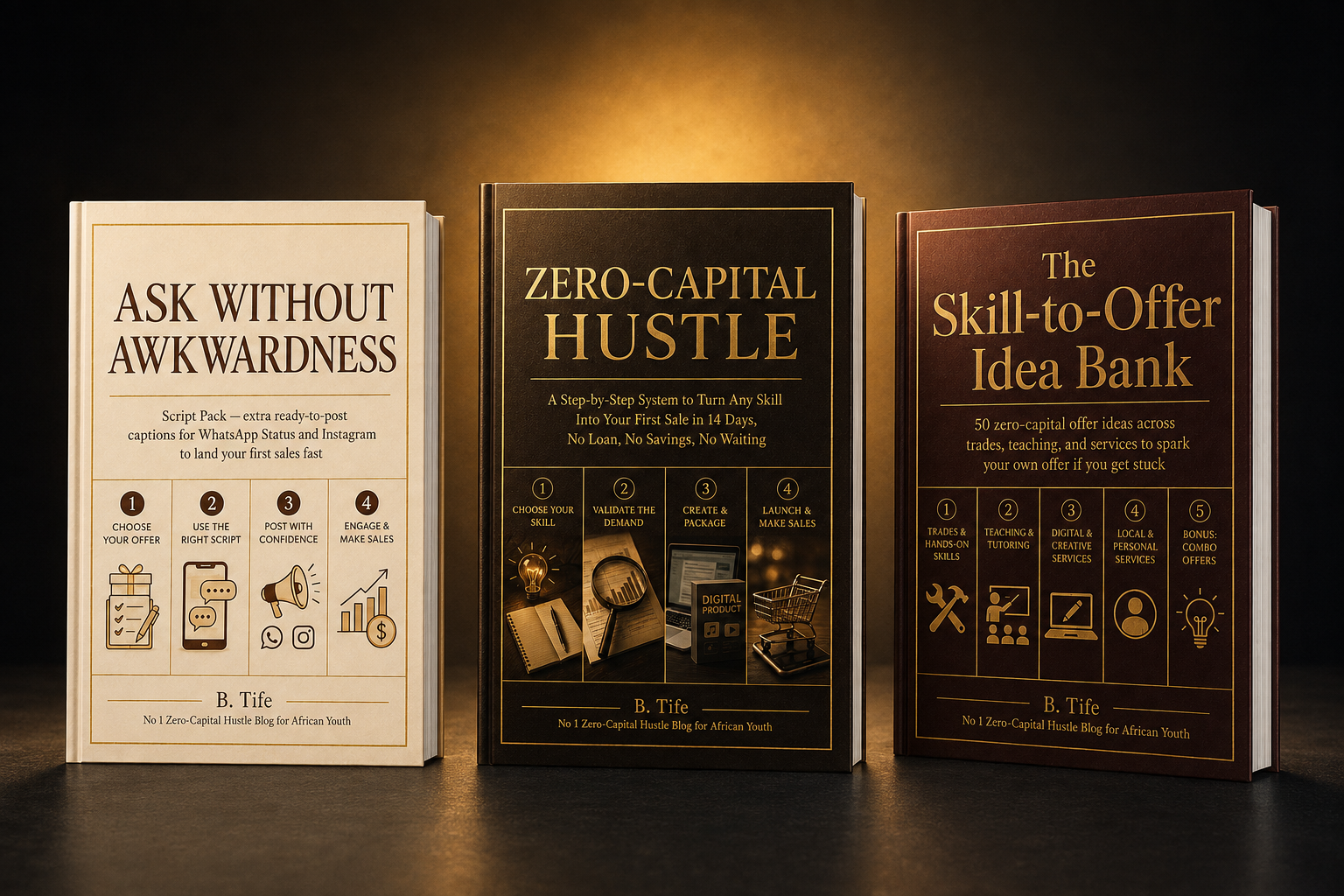 The Zero-Capital Hustle guide shown together with both bonus books