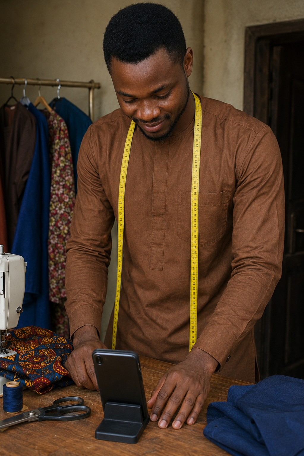 Nigerian tailor with a tape measure around his neck taking an order on his phone in his workshop